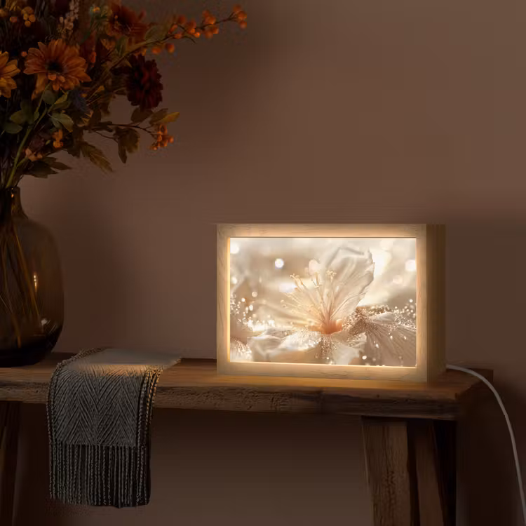 Bloem - Wit - Glitter - Goud - Modern Light Box met kabel (Tafellamp) klein -sfeer4