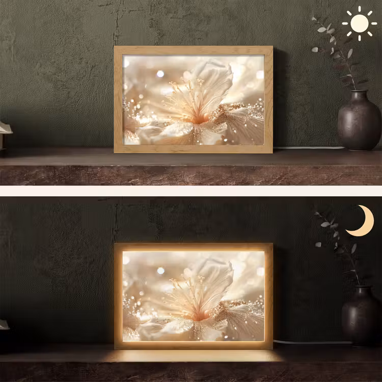 Bloem - Wit - Glitter - Goud - Modern Light Box met kabel (Tafellamp) klein -sfeer3