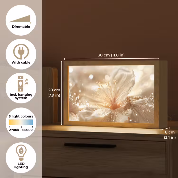Bloem - Wit - Glitter - Goud - Modern Light Box met kabel (Tafellamp) klein -USP_EN
