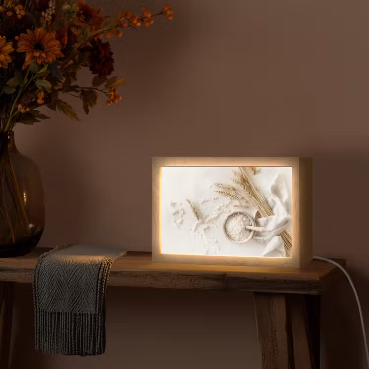 Bloem - Hout - Tarwe Light Box met kabel (Tafellamp) klein -sfeer4