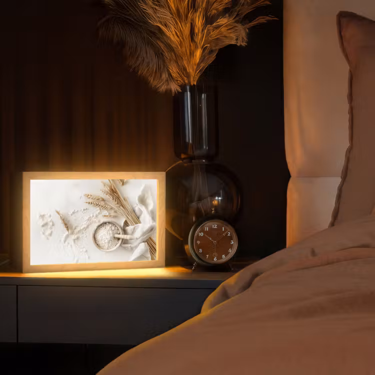 Bloem - Hout - Tarwe Light Box met kabel (Tafellamp) klein -sfeer1