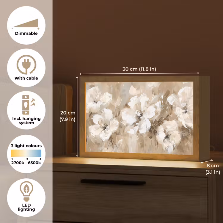 Bloemen - Beige - Abstract - Modern Light Box met kabel (Tafellamp) klein -USP_EN
