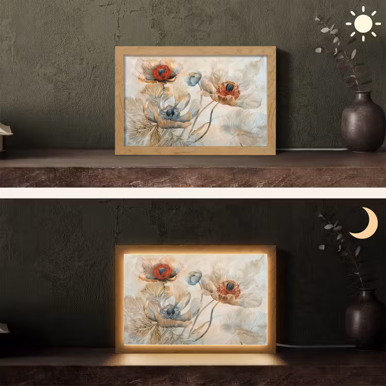 Bloemen - Beige - Modern - Illustratie Light Box met kabel (Tafellamp) klein -sfeer3