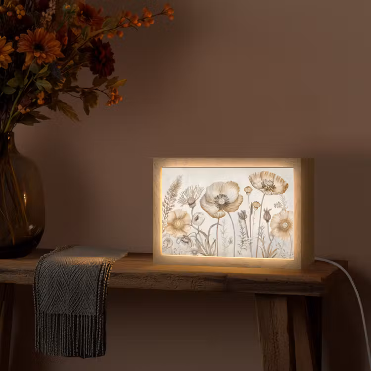 Bloemen - Beige - Natuur - Illustratie Light Box met kabel (Tafellamp) klein -sfeer4