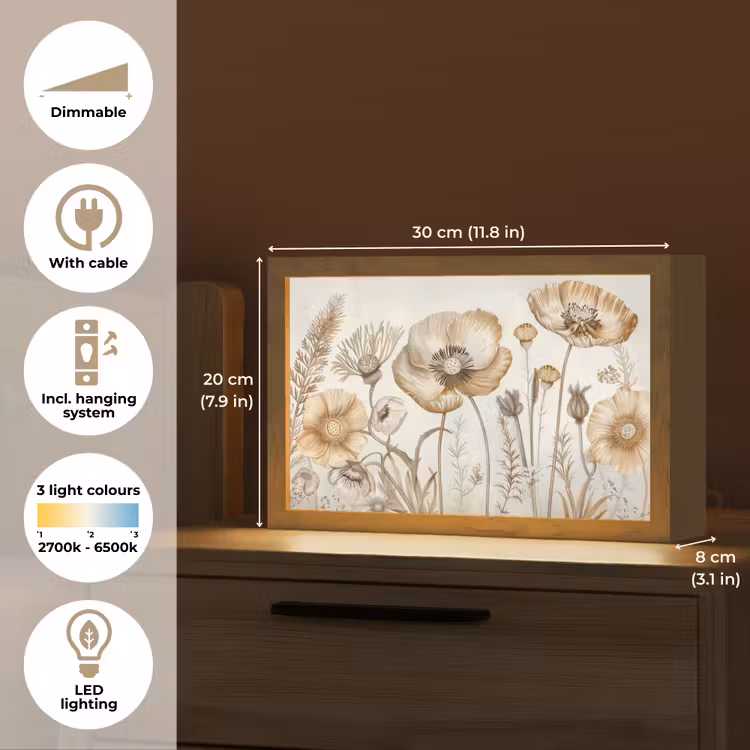 Bloemen - Beige - Natuur - Illustratie Light Box met kabel (Tafellamp) klein -USP_EN
