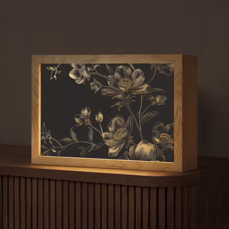 Bloemen - Zwart - Goud - Line art Light Box met kabel (Tafellamp) klein -z3d_website