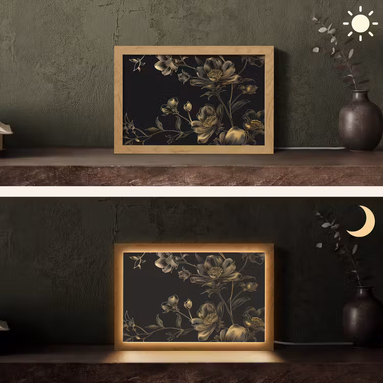 Bloemen - Zwart - Goud - Line art Light Box met kabel (Tafellamp) klein -sfeer3