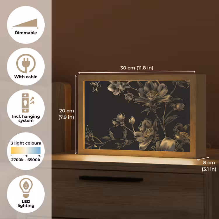 Bloemen - Zwart - Goud - Line art Light Box met kabel (Tafellamp) klein -USP_EN