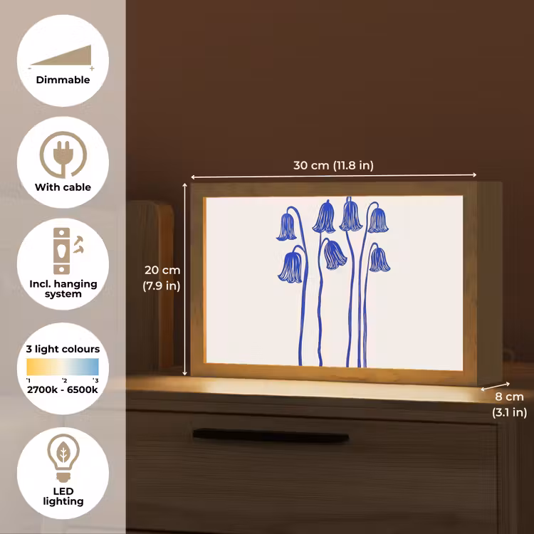 Bloemen - Blauw - Lijnen - Bloemblaadjes Light Box met kabel (Tafellamp) klein -USP_EN