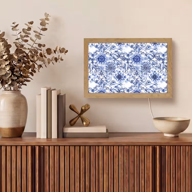 Bloemen - Blauw - Patroon - Wit Light Box met kabel (Tafellamp) klein 924 -sfeer2