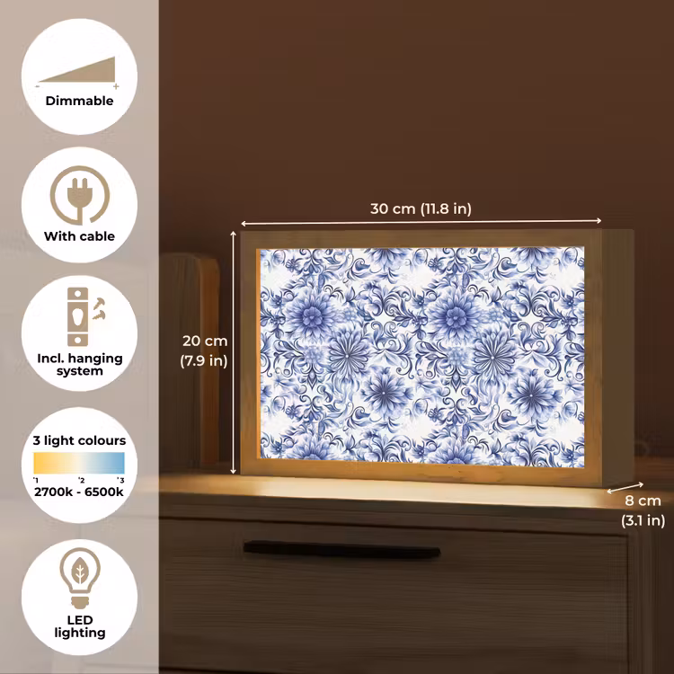 Bloemen - Blauw - Patroon - Wit Light Box met kabel (Tafellamp) klein 924 -USP_EN