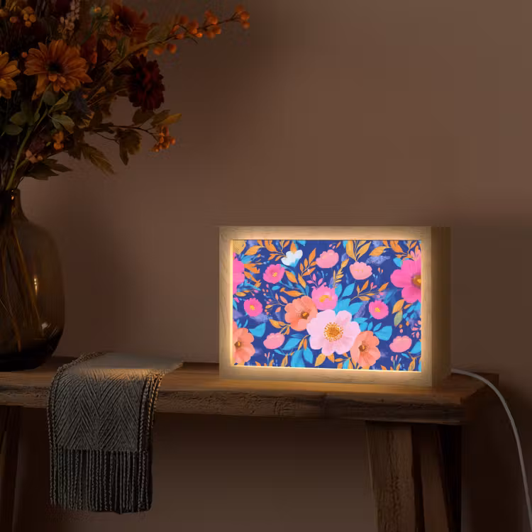 Bloemen - Blauw - Roze Light Box met kabel (Tafellamp) klein -sfeer4