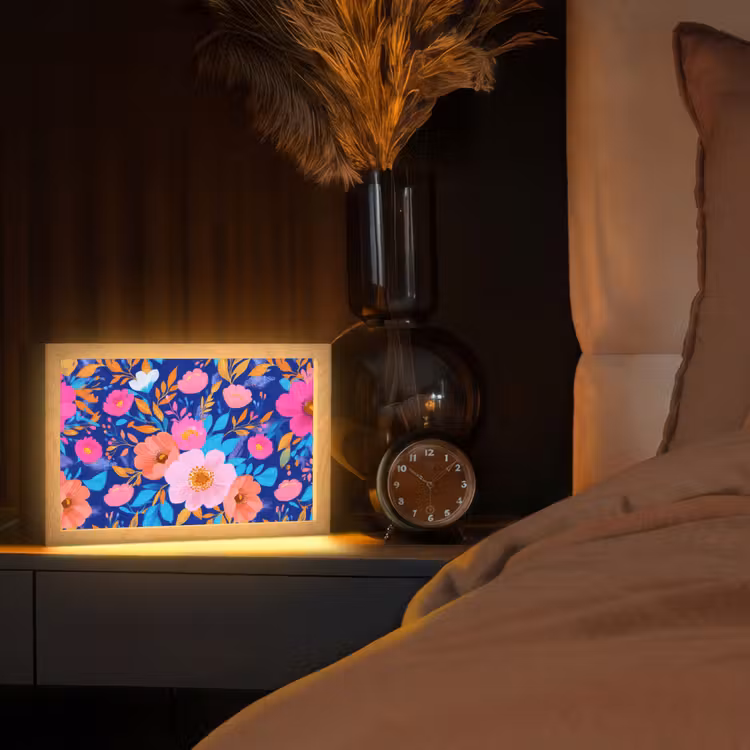 Bloemen - Blauw - Roze Light Box met kabel (Tafellamp) klein -sfeer1