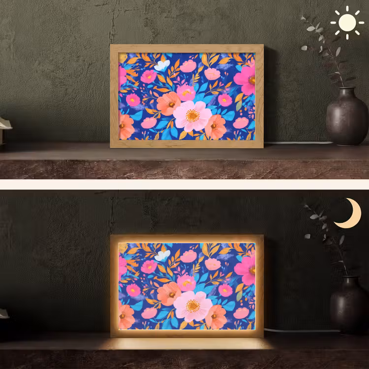Bloemen - Blauw - Roze Light Box met kabel (Tafellamp) klein -sfeer3