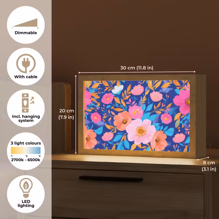 Bloemen - Blauw - Roze Light Box met kabel (Tafellamp) klein -USP_EN