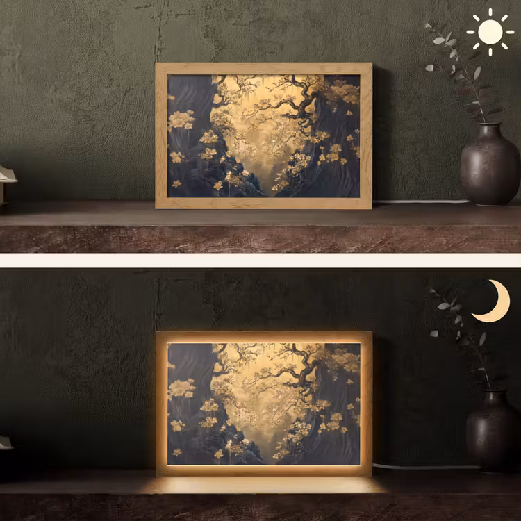 Bloemen - Takken - Goud - Sierlijk Light Box met kabel (Tafellamp) klein -sfeer3