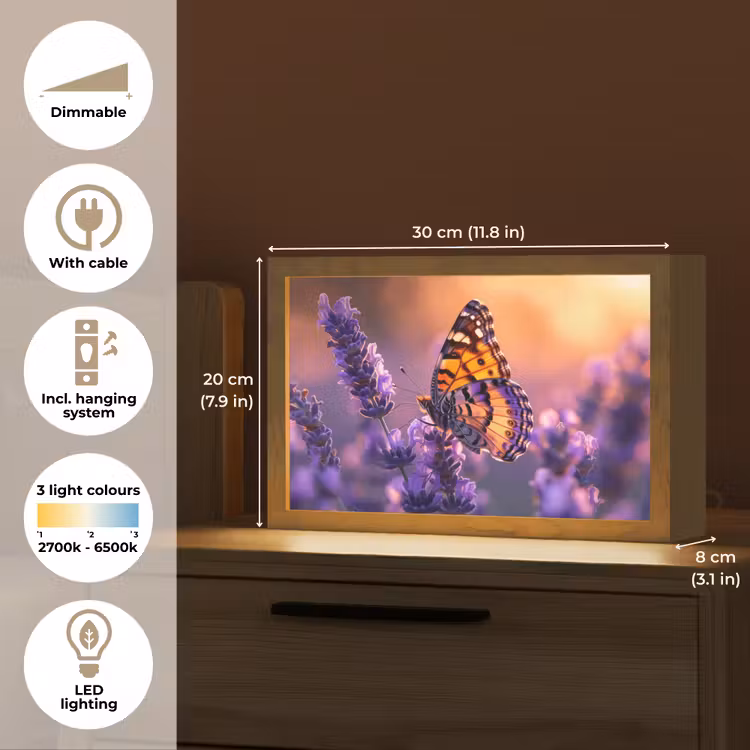 Bloemen - Vlinder - Lavendel - Bloem - Natuur Light Box met kabel (Tafellamp) klein -USP_EN