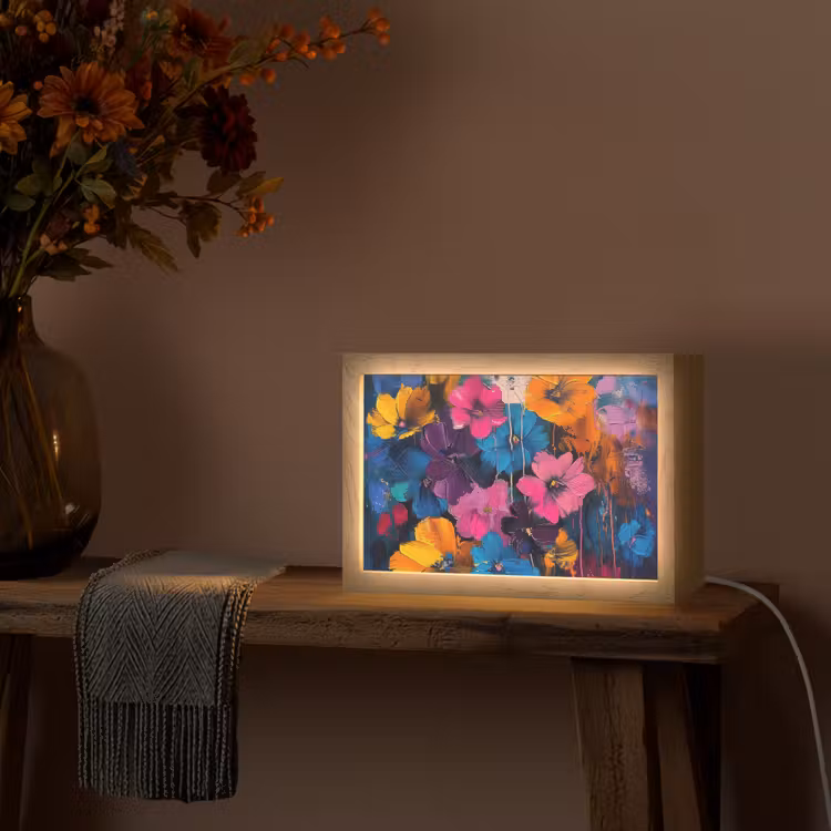 Bloemen - Kleurrijk - Abstract - Modern Light Box met kabel (Tafellamp) klein -sfeer4