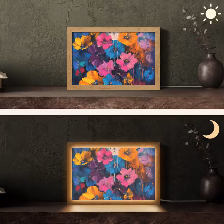 Bloemen - Kleurrijk - Abstract - Modern Light Box met kabel (Tafellamp) klein -sfeer3