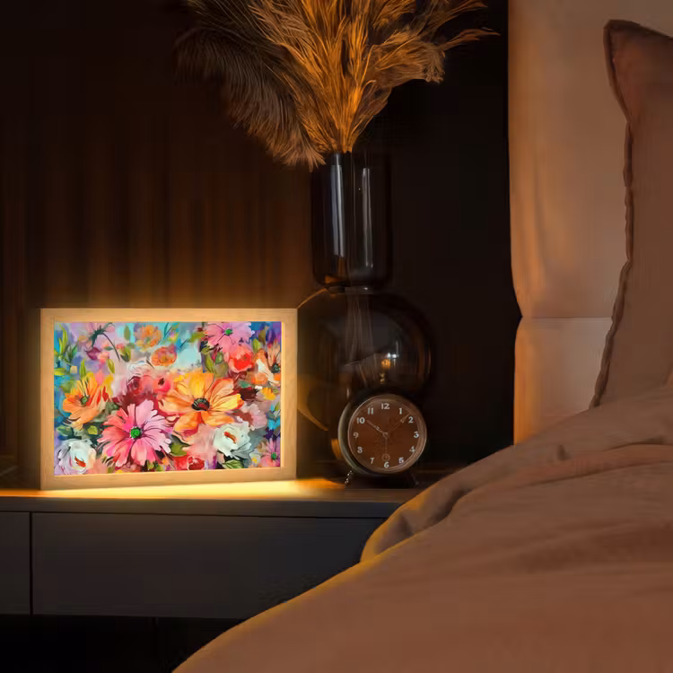 Bloemen - Kleurrijk - Kunst - Olieverf Light Box met kabel (Tafellamp) klein -sfeer1