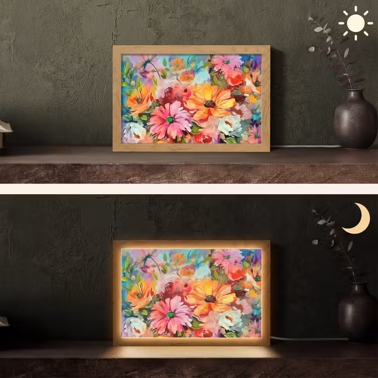 Bloemen - Kleurrijk - Kunst - Olieverf Light Box met kabel (Tafellamp) klein -sfeer3
