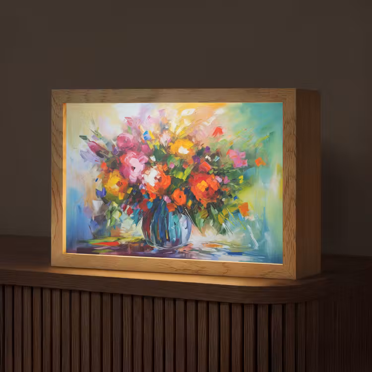 Bloemen - Kleurrijk - Bloempot - Olieverf Light Box met kabel (Tafellamp) klein -z3d_website