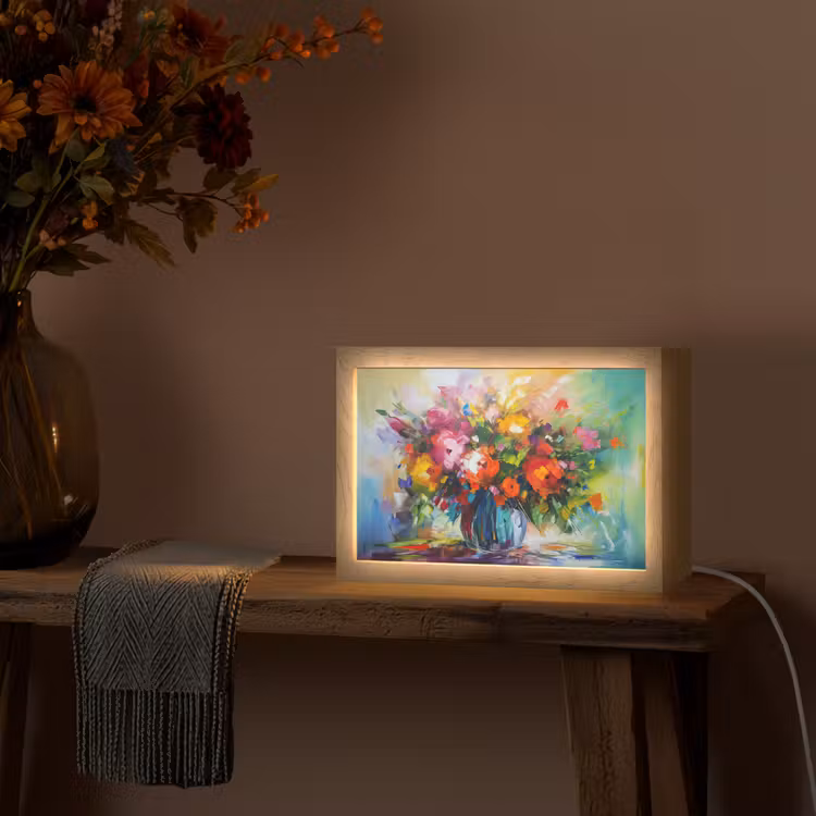 Bloemen - Kleurrijk - Bloempot - Olieverf Light Box met kabel (Tafellamp) klein -sfeer4