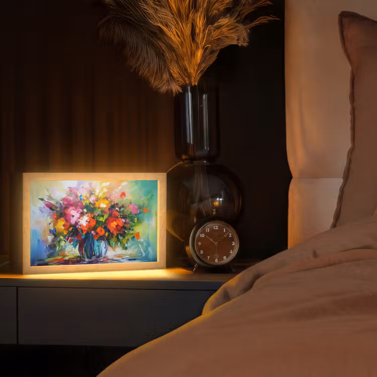 Bloemen - Kleurrijk - Bloempot - Olieverf Light Box met kabel (Tafellamp) klein -sfeer1