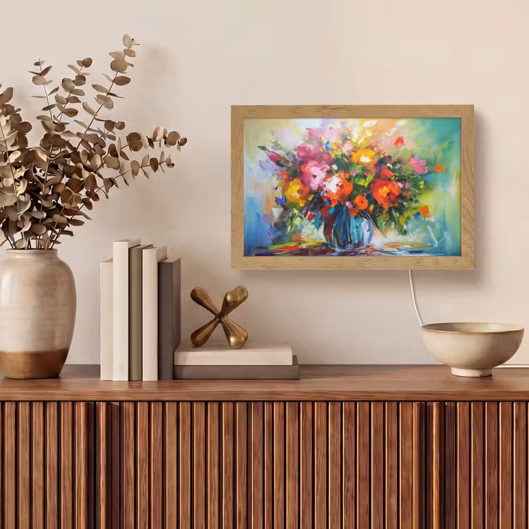 Bloemen - Kleurrijk - Bloempot - Olieverf Light Box met kabel (Tafellamp) klein -sfeer2