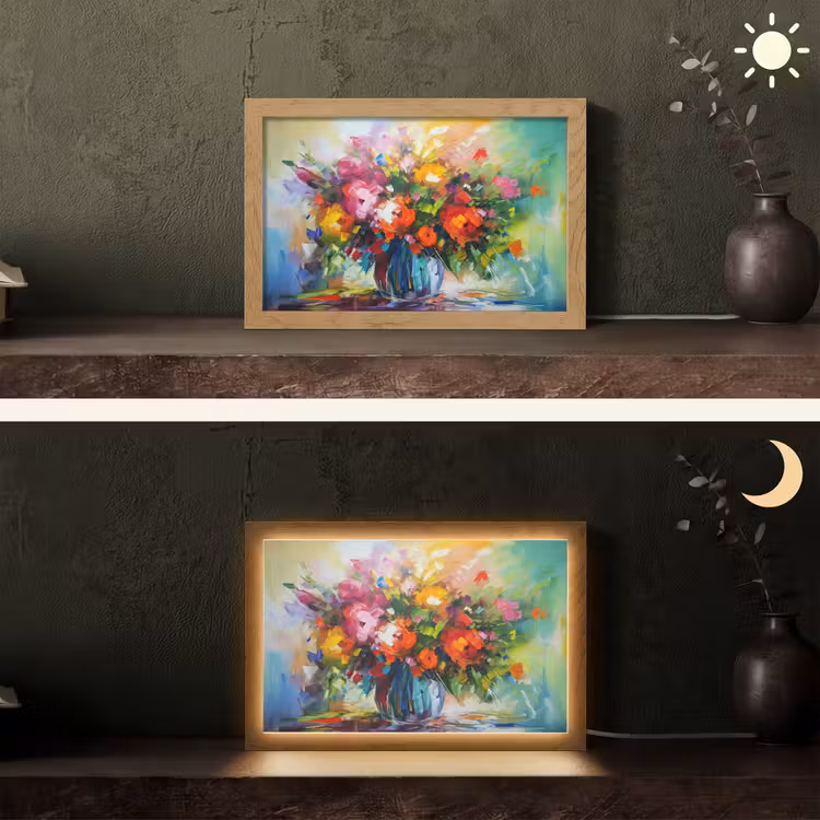 Bloemen - Kleurrijk - Bloempot - Olieverf Light Box met kabel (Tafellamp) klein -sfeer3