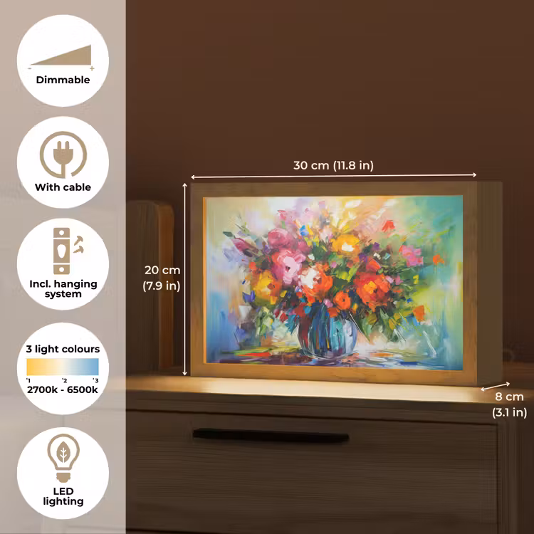 Bloemen - Kleurrijk - Bloempot - Olieverf Light Box met kabel (Tafellamp) klein -USP_EN