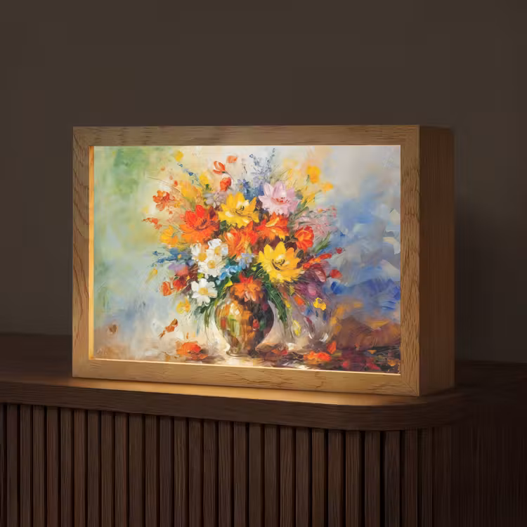 Bloemen - Kleurrijk - Olieverf - Bloempot Light Box met kabel (Tafellamp) klein -z3d_website