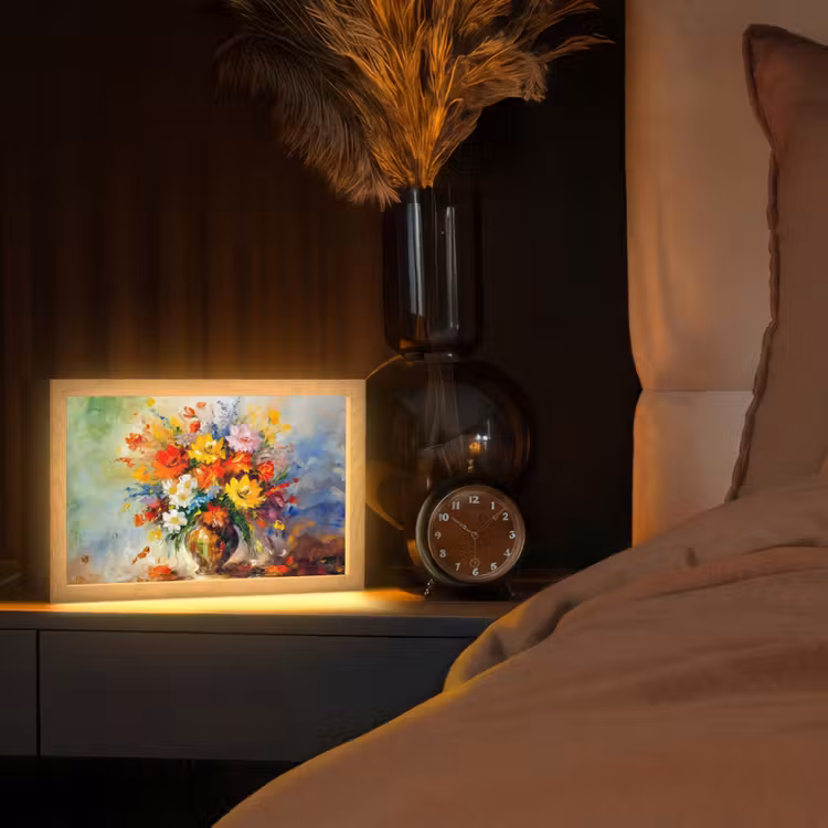 Bloemen - Kleurrijk - Olieverf - Bloempot Light Box met kabel (Tafellamp) klein -sfeer1