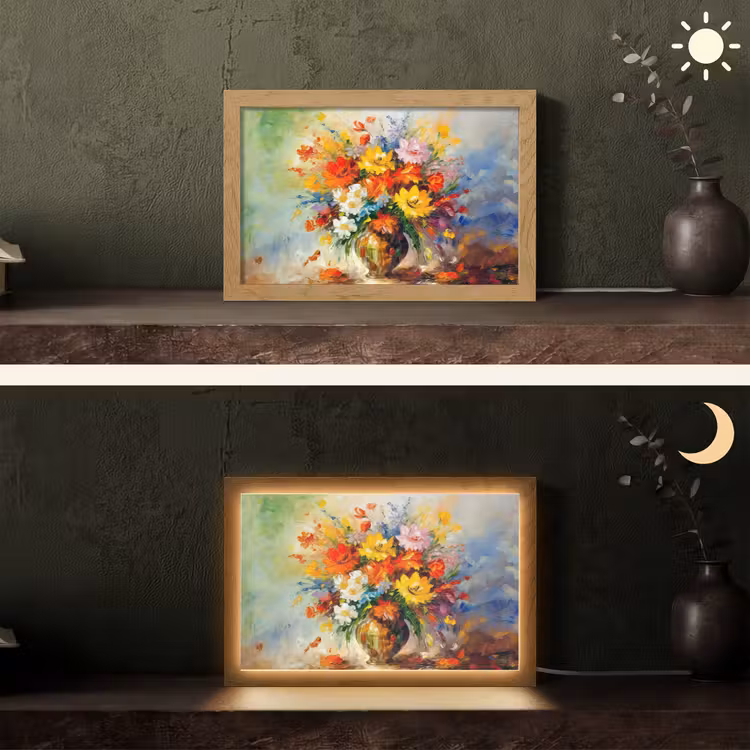 Bloemen - Kleurrijk - Olieverf - Bloempot Light Box met kabel (Tafellamp) klein -sfeer3