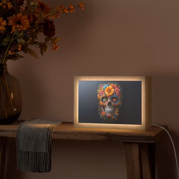 Bloemen - Kleurrijk - Schedel Light Box met kabel (Tafellamp) klein -sfeer4