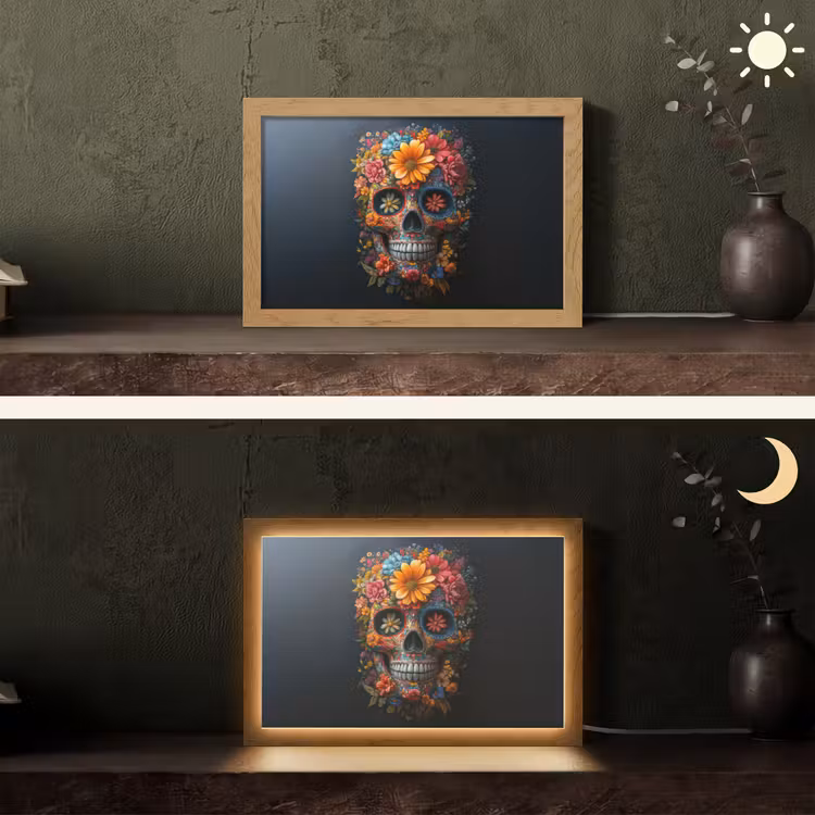 Bloemen - Kleurrijk - Schedel Light Box met kabel (Tafellamp) klein -sfeer3