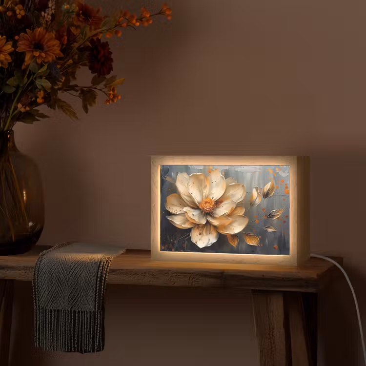 Bloemen - Goud - Kunst - Zwart - Modern Light Box met kabel (Tafellamp) klein -sfeer4