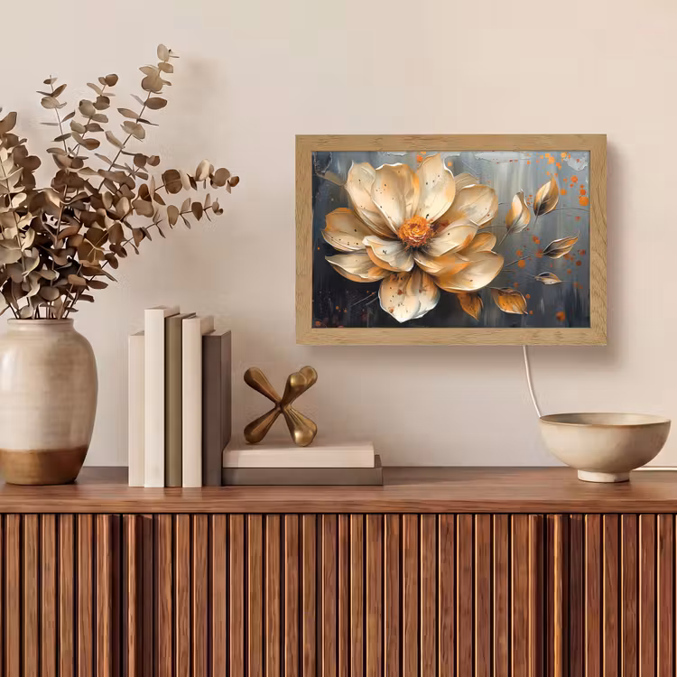 Bloemen - Goud - Kunst - Zwart - Modern Light Box met kabel (Tafellamp) klein -sfeer2