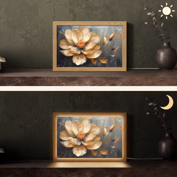 Bloemen - Goud - Kunst - Zwart - Modern Light Box met kabel (Tafellamp) klein -sfeer3