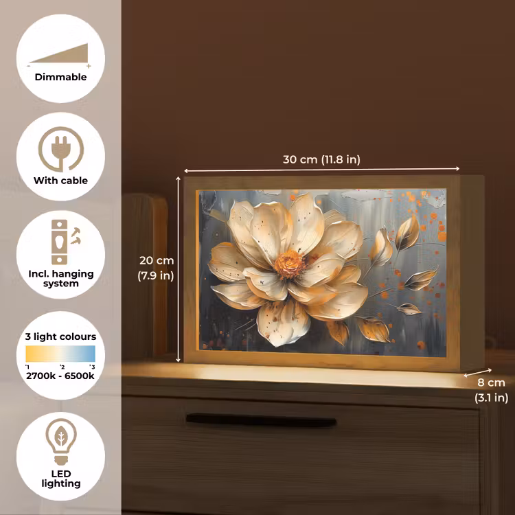 Bloemen - Goud - Kunst - Zwart - Modern Light Box met kabel (Tafellamp) klein -USP_EN