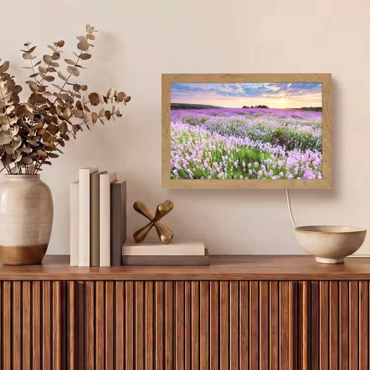 Bloemen - Lavendel - Paars - Lucht - Zonsondergang - Weide - Natuur Light Box met kabel (Tafellamp) klein -sfeer2
