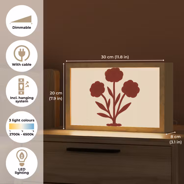 Bloemen - Bladeren - Rood - Minimalistisch Light Box met kabel (Tafellamp) klein -USP_EN