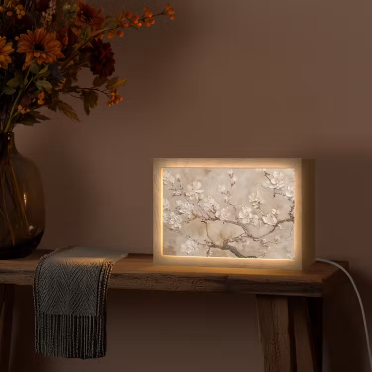 Bloemen - Modern - Beige - Wit - Bloesem Light Box met kabel (Tafellamp) klein -sfeer4