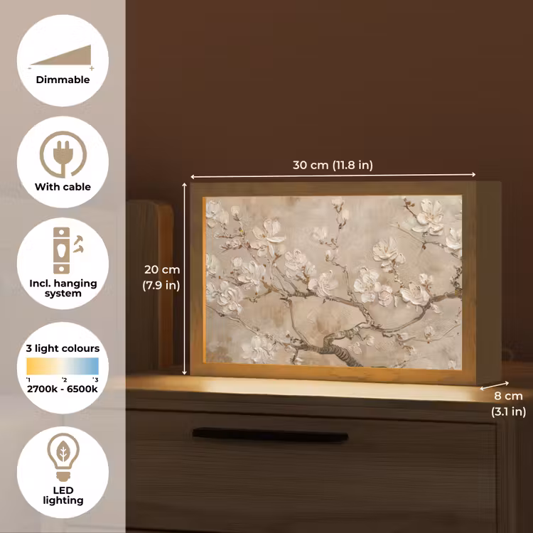Bloemen - Modern - Beige - Wit - Bloesem Light Box met kabel (Tafellamp) klein -USP_EN