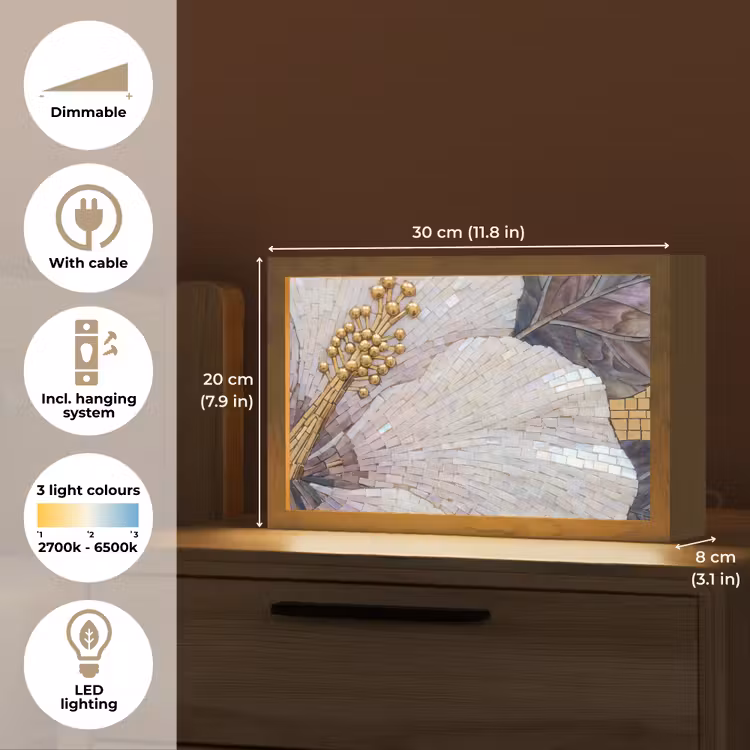 Bloemen - Mozaïek - Kunst - Modern - Goud Light Box met kabel (Tafellamp) klein -USP_EN