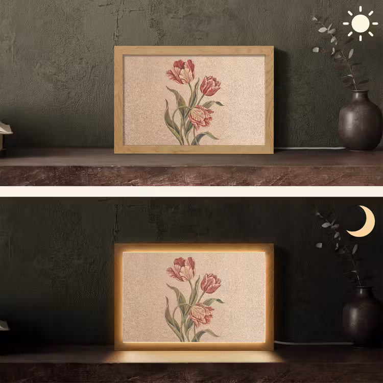 Bloemen - Mozaïek - Rood - Groen - Kunst Light Box met kabel (Tafellamp) klein -sfeer3