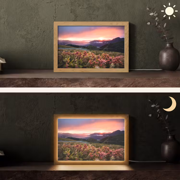 Bloemen - Bergen - Landschap - Nacht - Lucht - Roze Light Box met kabel (Tafellamp) klein -sfeer3