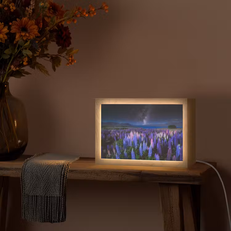 Bloemen - Nacht - Lupine - Sterrenhemel - Paars - Natuur Light Box met kabel (Tafellamp) klein -sfeer4