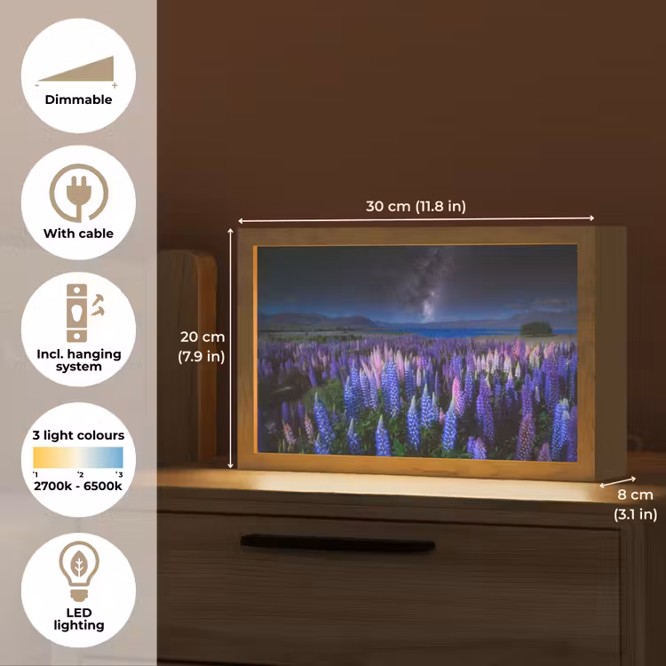 Bloemen - Nacht - Lupine - Sterrenhemel - Paars - Natuur Light Box met kabel (Tafellamp) klein -USP_EN