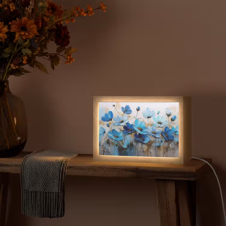 Bloemen - Schilderij - Blauw Light Box met kabel (Tafellamp) klein -sfeer4